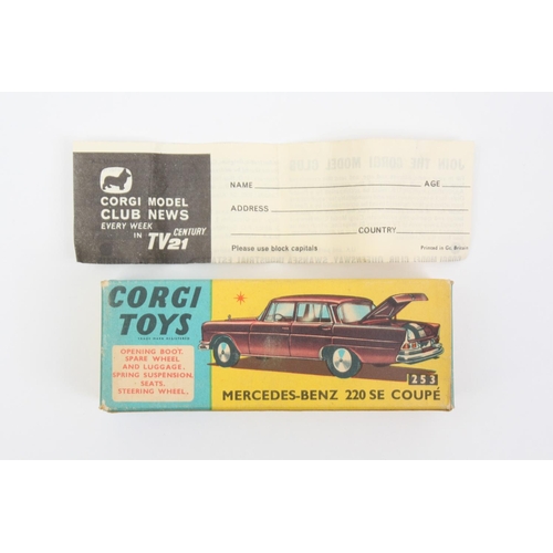 67 - Corgi Toys 253 Mercedes Benz 220 SE Coupe, metallic blue body, cream interior, luggage and spare whe... 