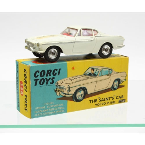 68 - Corgi Toys 258 The Saints Volvo P1800, white body, black 'Saint' logo on cream ground to bonnet, red... 