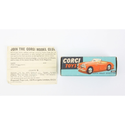 69 - Corgi Toys 300 Austin Healey 100-4 Sports car, red body, red and cream interior, windscreen intact, ... 