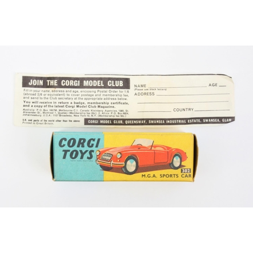 70 - Corgi Toys 302 M.G.A Sports car, metallic green body, green and cream interior, windscreen intact, b... 