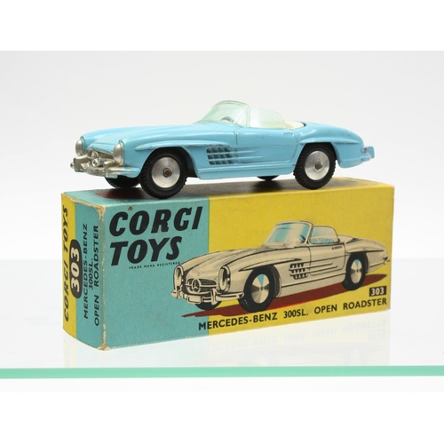 71 - Corgi Toys 303 Mercedes Benz 300 SL Open Roadster, light blue body, white interior, windscreen intac... 