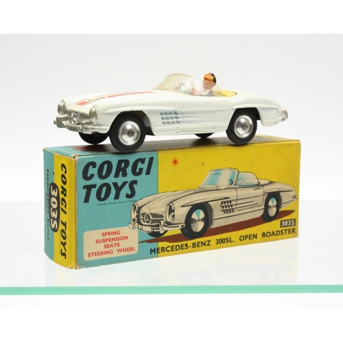 72 - Corgi Toys 303S Mercedes Benz 300 SL Open Roadster, off-white body, pale yellow interior, racing num... 