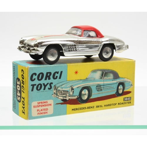 74 - Corgi Toys 304S Mercedes Benz 300 SL Hardtop, chrome body, red roof, racing number '7' to bonnet in ... 