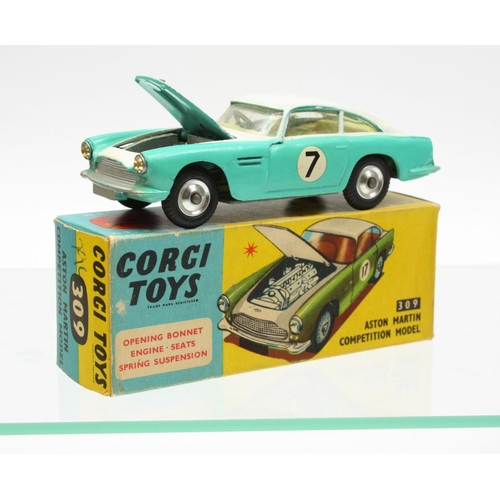 76 - Corgi Toys 309 Aston Martin D.B.4 Competition, turquoise and white body, lemon yellow interior, U.K ... 