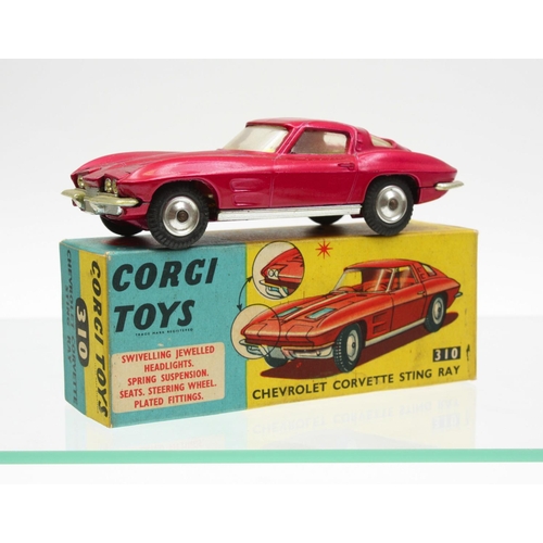 77 - Corgi Toys 310 Chevrolet Corvette Stingray, metallic cerise body, lemon yellow interior, shaped hubs... 