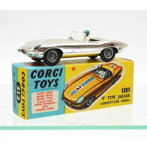 78 - Corgi Toys 312 'E' Type Jaguar, silver vacuum plated body, racing number '2' to bonnet and boot, pla... 