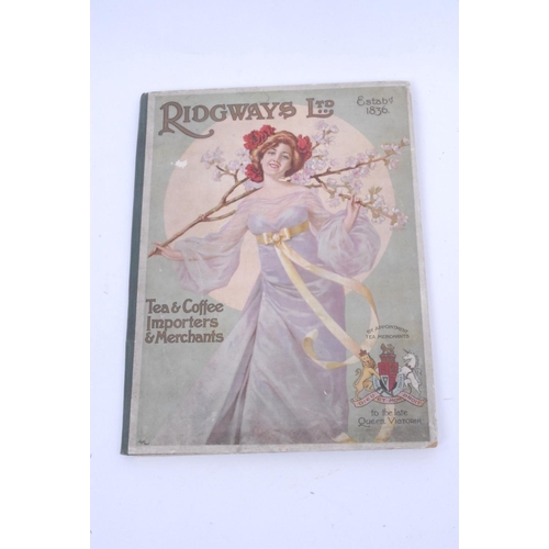 869 - Ridgways Ltd - an early 20th century advertising blotter, pritned in colours with beauty holding a b... 