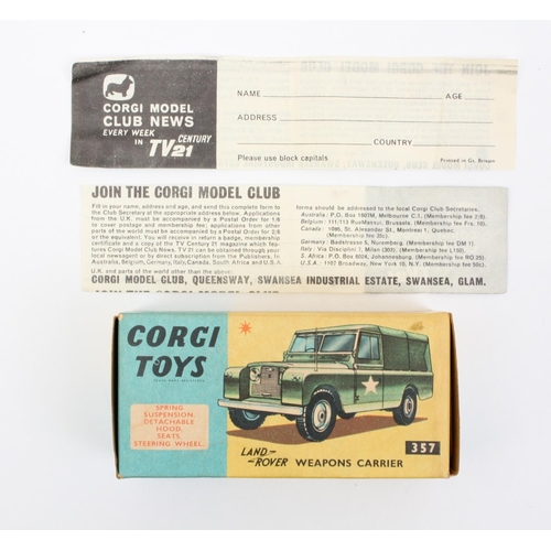 92 - Corgi Toys 357 Land Rover, military green body, lemon yellow interior to cab, white star logo to bon... 