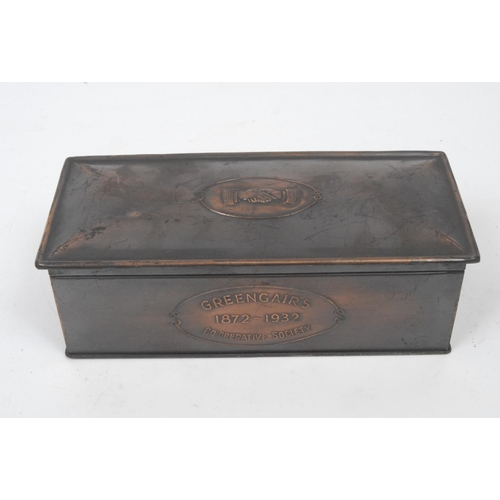 407 - Greengairs Co-operative Society - an early 20th century faux copper commemorative tin, hinged cover ... 