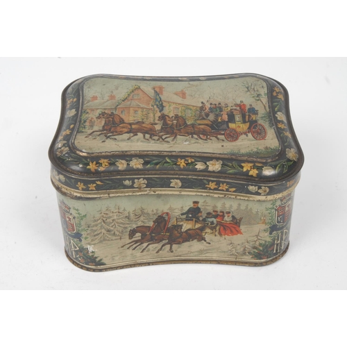 416 - Huntley and Palmers - a Victorian incurved rectangular biscuit tin, hinged cover printed with a coac... 