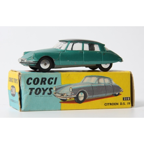 339 - Corgi Toys 210 Citroen D.S. 19 with windows, metallic green body, black roof, flat spun hubs, boxed