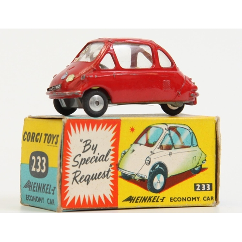 342 - Corgi Toys 233 Heinkel Economy car, red body, yellow interior, boxed
