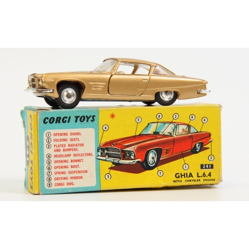 344 - Corgi Toys 241 Ghia L.6.4 with Chrysler engine, metallic gold body, off-set white interior, boxed - ... 