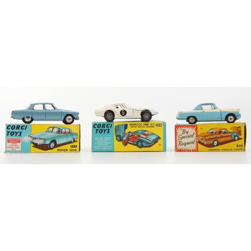346 - Corgi Toys 231 Triumph Herald Coupe, blue and white body, red interior, boxed - box is missing one e... 