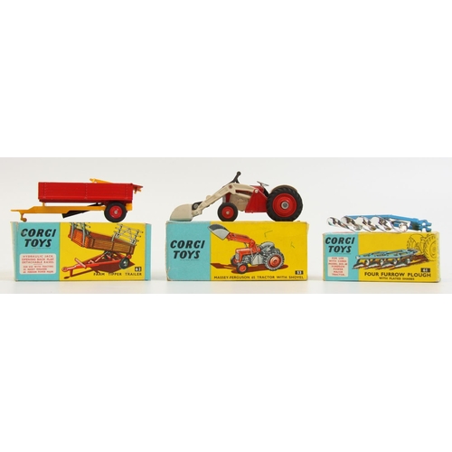 347 - Corgi 62 Farm Tipper Trailer, red body, yellow raves, red plastic hubs, boxed; Corgi Toys 61 Four Fa... 
