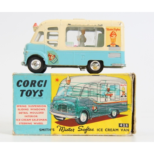 348 - Corgi Toys 428 Smith's Mister Softee Ice Cream Van, spring suspension, sliding windows, detailed mou... 