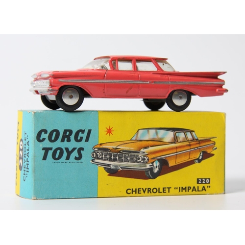 349 - Corgi 220 Chevrolet ''Impala'', salmon pink body, yellow interior, flat spun hubs, boxed