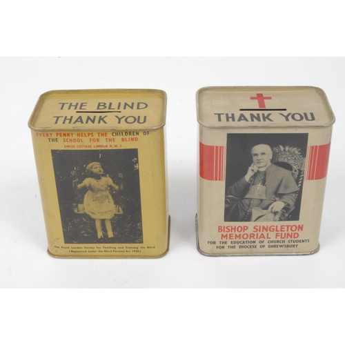 54 - A mid-20th century rounded rectangular money collection tin, The School for the Blind, Swiss Cottage... 