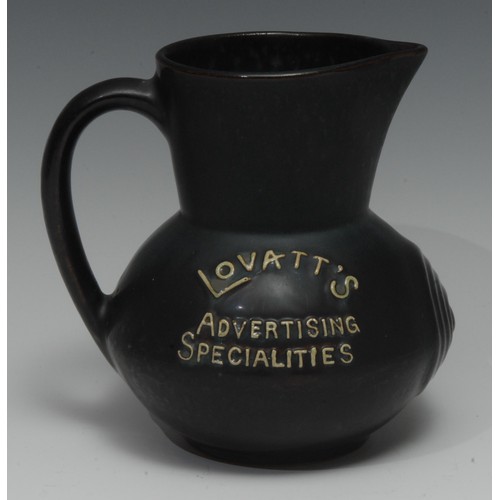 2169 - Advertising - a Lovatt's Langley water jug, brown glazed ground applied with tubelined decoration, L... 