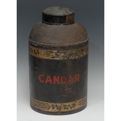 2181 - Advertising – a late 19th century black toleware canister and cover, of cylindrical form, painted bo... 