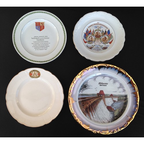 84 - WW1 British Peace 1919 Commemorative plates x 2, Women's Institute Plate, Modern German Mohne Dam Co... 