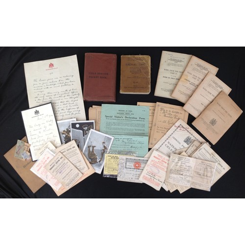 85 - WW1 British Paperwork collection comprising of Field Manuals x 6, postcards, WW1 Ration Cards, facsi... 