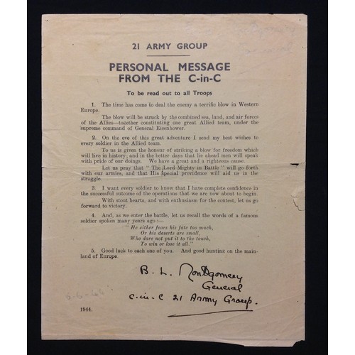 93 - WW2 British D-Day Personal Message from the C in C. An original example of Monty's Message issued to... 