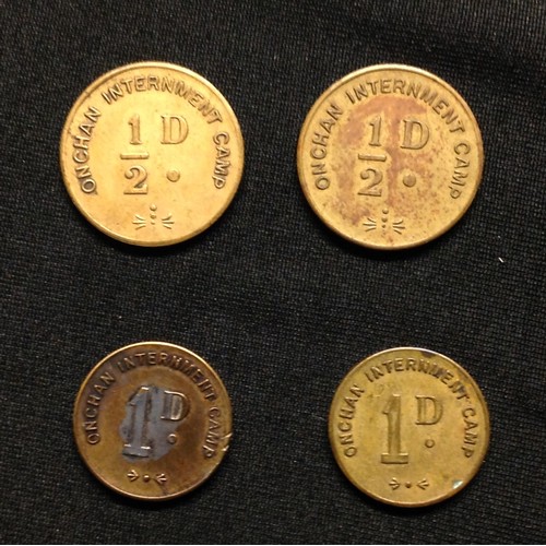 96 - WW2 British Isle of Man Onchan Internment Camp One Penny tokens and Half Penny token. During World W... 