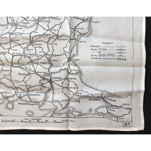 197 - WW2 British RAF Silk Escape and Evasion Map T9 of Bulgaria and Roumania. Single sided.