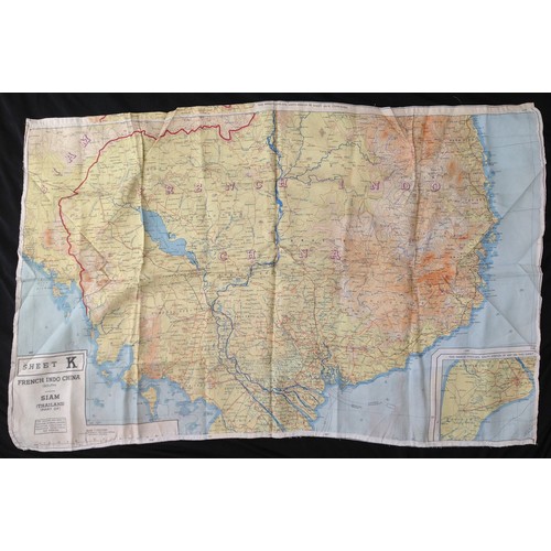 255 - WW2 British RAF Silk Escape and Evasion map 44C/44D of Burma, Siam (Thailand) French Indo China.