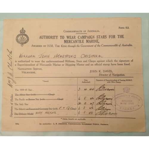 308 - WW2 British Merchant Navy Medal Entitlement paperwork collection. Six documents in total named to di... 