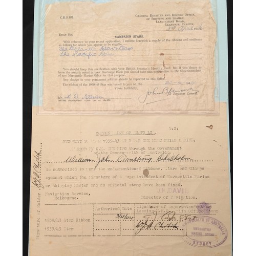 308 - WW2 British Merchant Navy Medal Entitlement paperwork collection. Six documents in total named to di... 