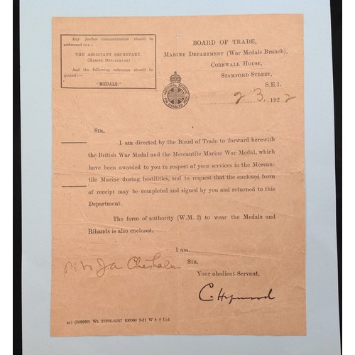 308 - WW2 British Merchant Navy Medal Entitlement paperwork collection. Six documents in total named to di... 