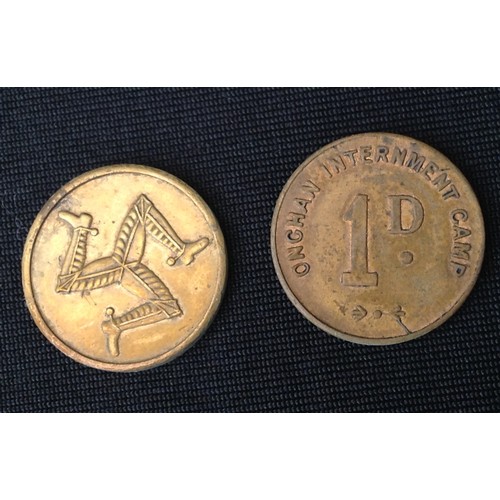 396 - WW2 British Isle of Man Onchan Internment Camp One Penny tokens x 2. During World War II, Onchan int... 