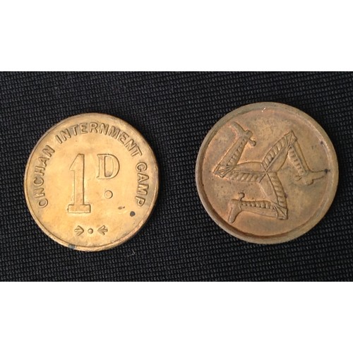 396 - WW2 British Isle of Man Onchan Internment Camp One Penny tokens x 2. During World War II, Onchan int... 