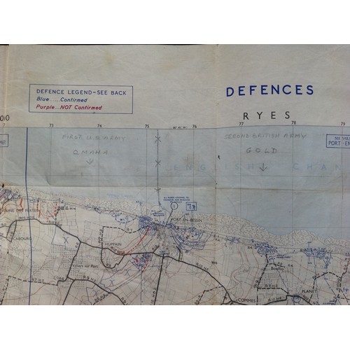 398 - WW2 British May 1944 Map of the D - Day Normandy Beaches Marked Defences Ryes. Sheet 37/18 SW. Issue... 