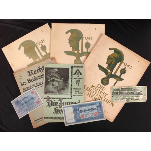 427 - WW2 Third Reich Magazines and Inflation Money collection comprising of 3 art magazine (one 1941 edit... 