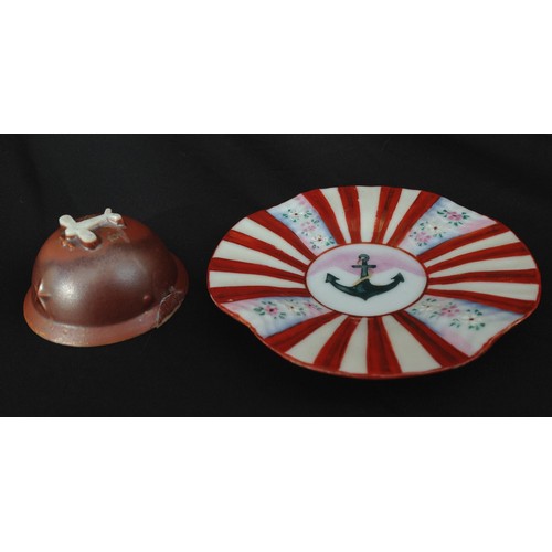 428 - WW2 Imperial Japanese Patriotic ceramic dish and ceramic novelty helmet.