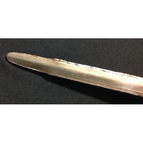 440 - Dress Sword with 77.5cm long double edged blade with etched decoration.  No makers mark. Brass guard... 