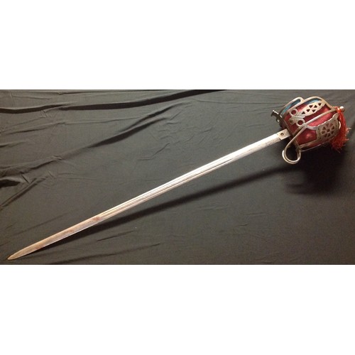 442 - REPRODUCTION Scottish Officers 1828 pattern Basket Hilt Broad Sword with etched decorated blade with... 