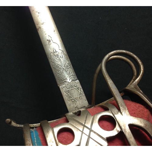 442 - REPRODUCTION Scottish Officers 1828 pattern Basket Hilt Broad Sword with etched decorated blade with... 