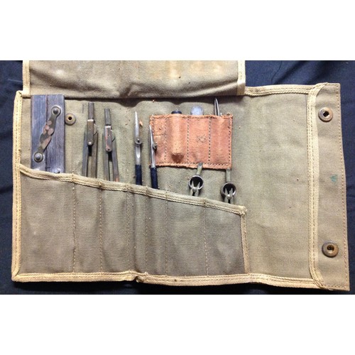 445 - British Army Folding Saw complete with handles and adjustment tools in canvas pouch of issue, appear... 