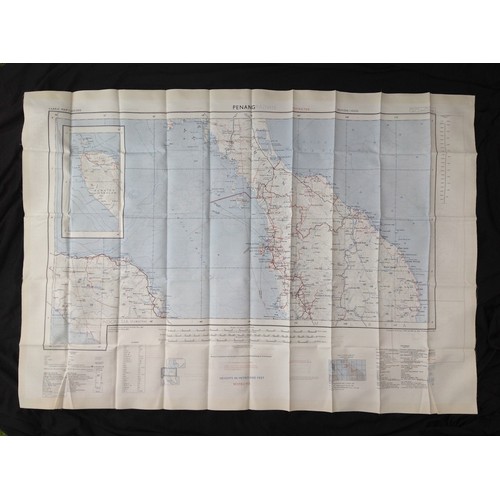 452 - Post War British RAF Silk Escape and Evasion Map of Singapore and Penang. Dated 1957.