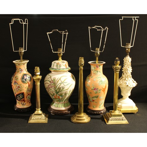 301 - Lighting - a Chinese ceramic table lamp, butterflies and flowers on a peach ground; others similar; ... 