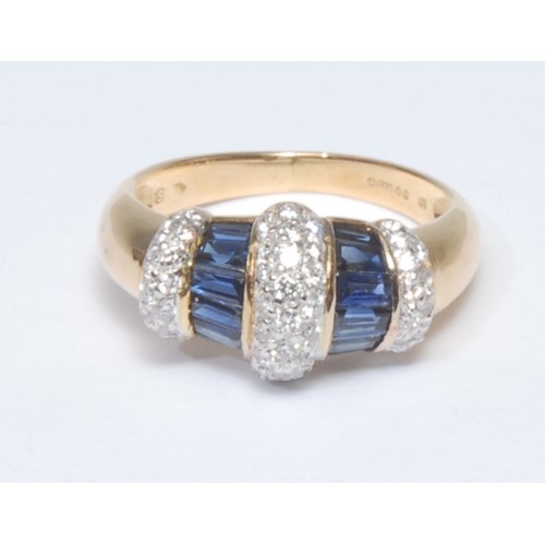 815 - A sapphire and diamond dress ring, arched crest inset with three sections of round brilliant cut dia... 