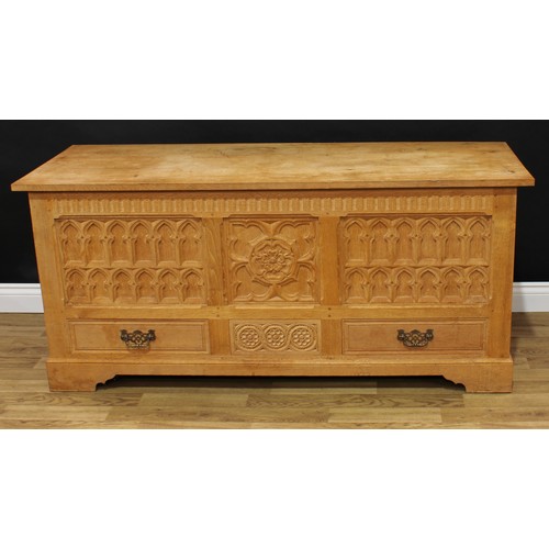 1503 - Frank Pratt of Derby - a 17th century style oak mule chest, hinged rectangular top above a nulled fr... 