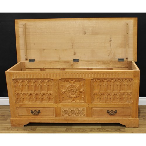 1503 - Frank Pratt of Derby - a 17th century style oak mule chest, hinged rectangular top above a nulled fr... 