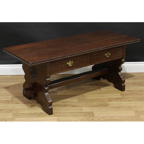 1496 - Frank Pratt of Derby - a 17th century style oak coffee table, oversailing rectangular top with chip-... 