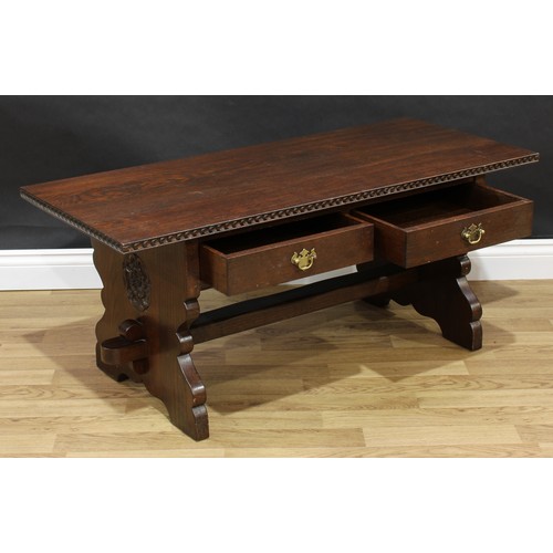 1496 - Frank Pratt of Derby - a 17th century style oak coffee table, oversailing rectangular top with chip-... 