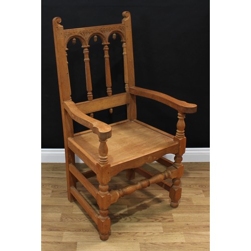 1499 - Frank Pratt of Derby - a 17th century style oak 'Derbyshire' open armchair, of Charles II design, sh... 